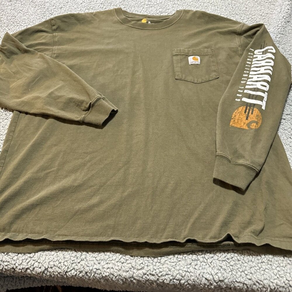 Vtg Carhartt Pocket T Shirt "Est 1889" Long Sleeve Solid Olive Green Mens Sz XL